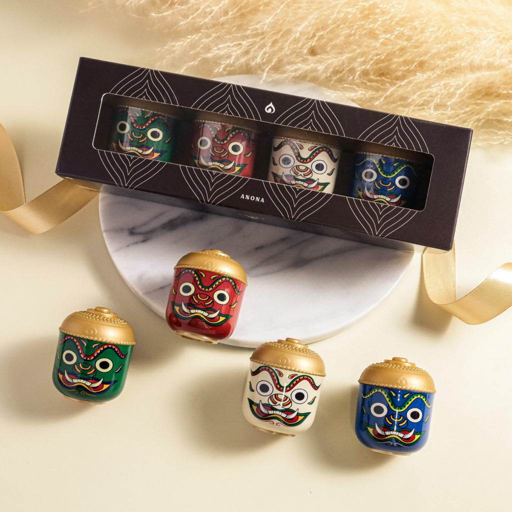 Natural aroma box set for adults with colorful traditional patterned containers in a black gift box
