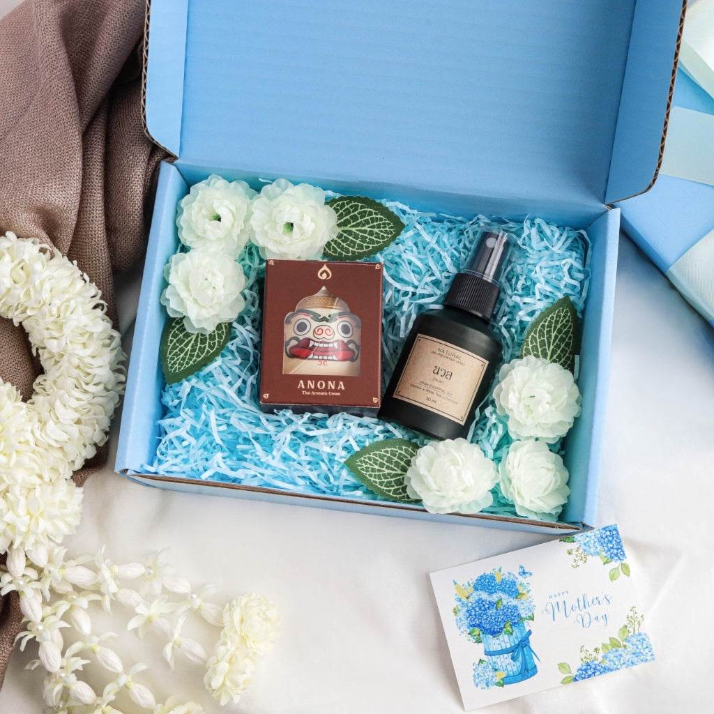 Natural soothing balm and room spray set by One-Sake.com with white flowers in blue gift box