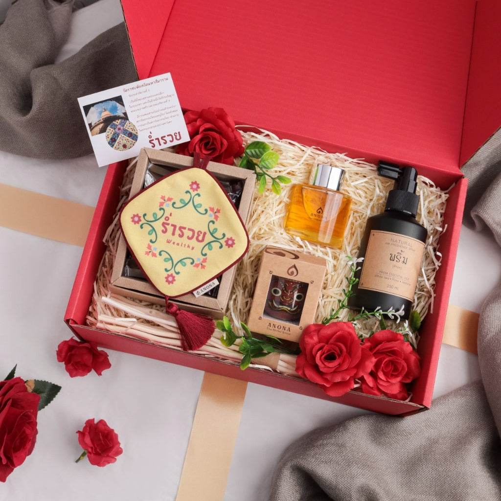 One-Sake.com premium herbal sachet and reed diffuser gift set with essential oil and decorative red roses