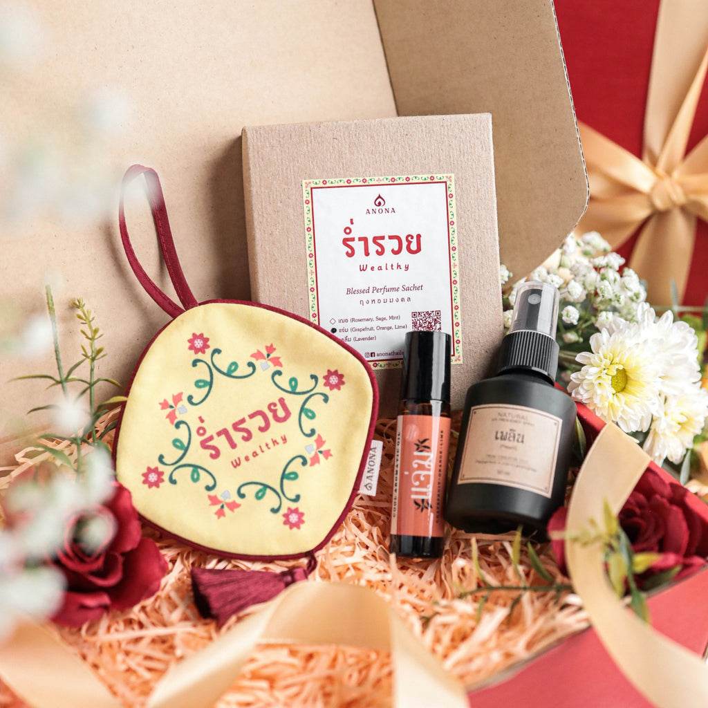 Thai aromatic gift set for women with scented sachet, essential oil, and spray in decorative box