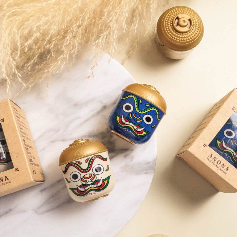 Thai herbal aroma sachet in decorative blue and white containers with gold lids from One-Sake.com