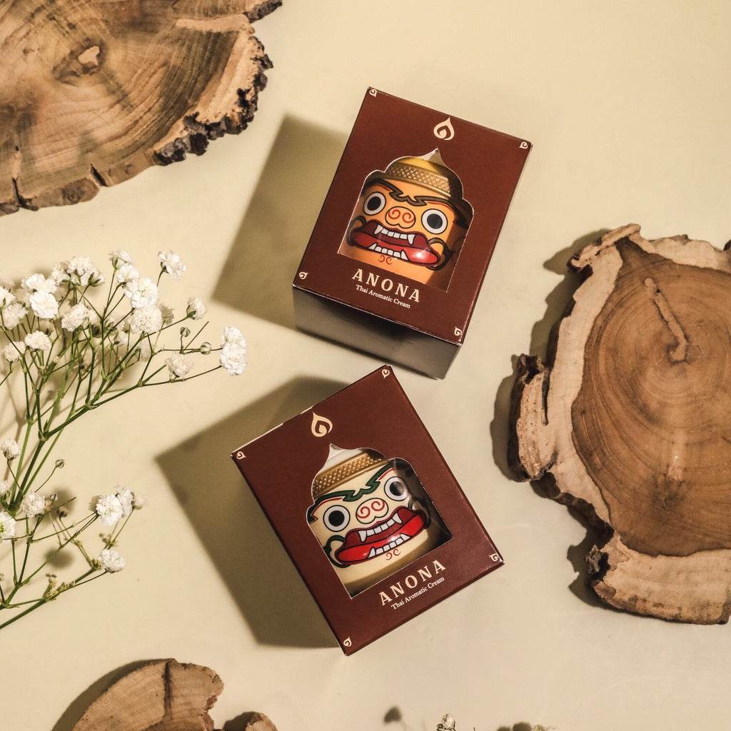 Thai herbal Chinese New Year gift set in brown Anona packaging with wooden decor and white flowers