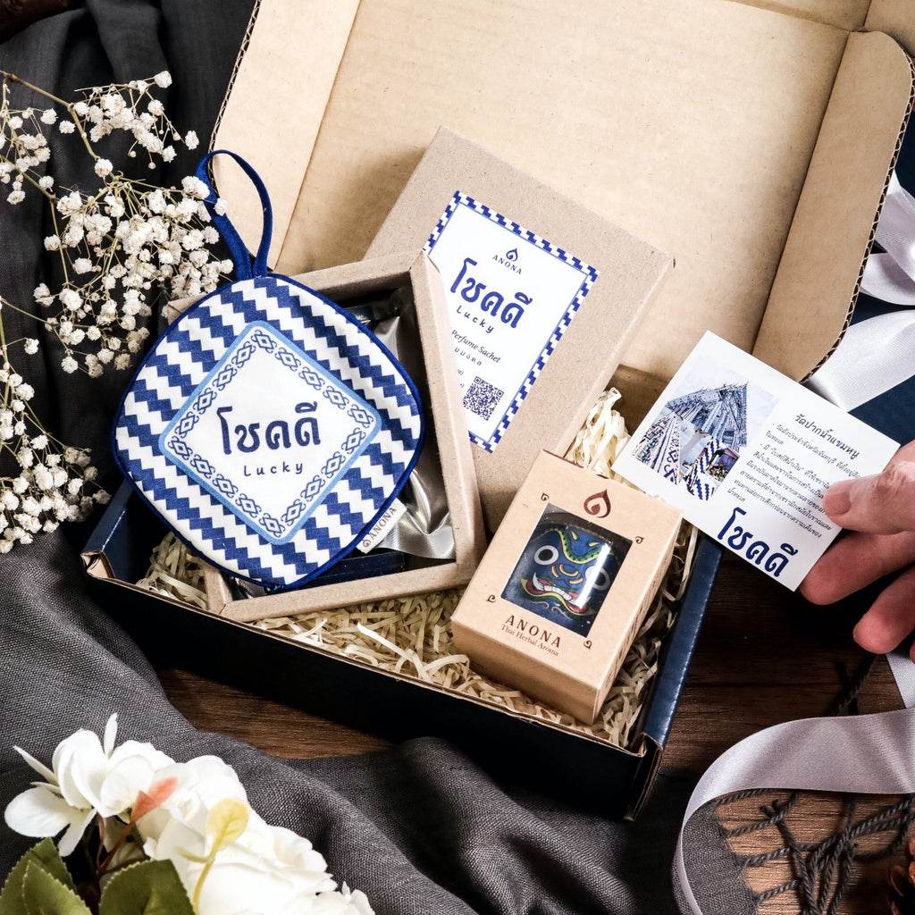 Unique Thai gift box featuring scented products with traditional blue patterns and elegant packaging from One-Sake.com