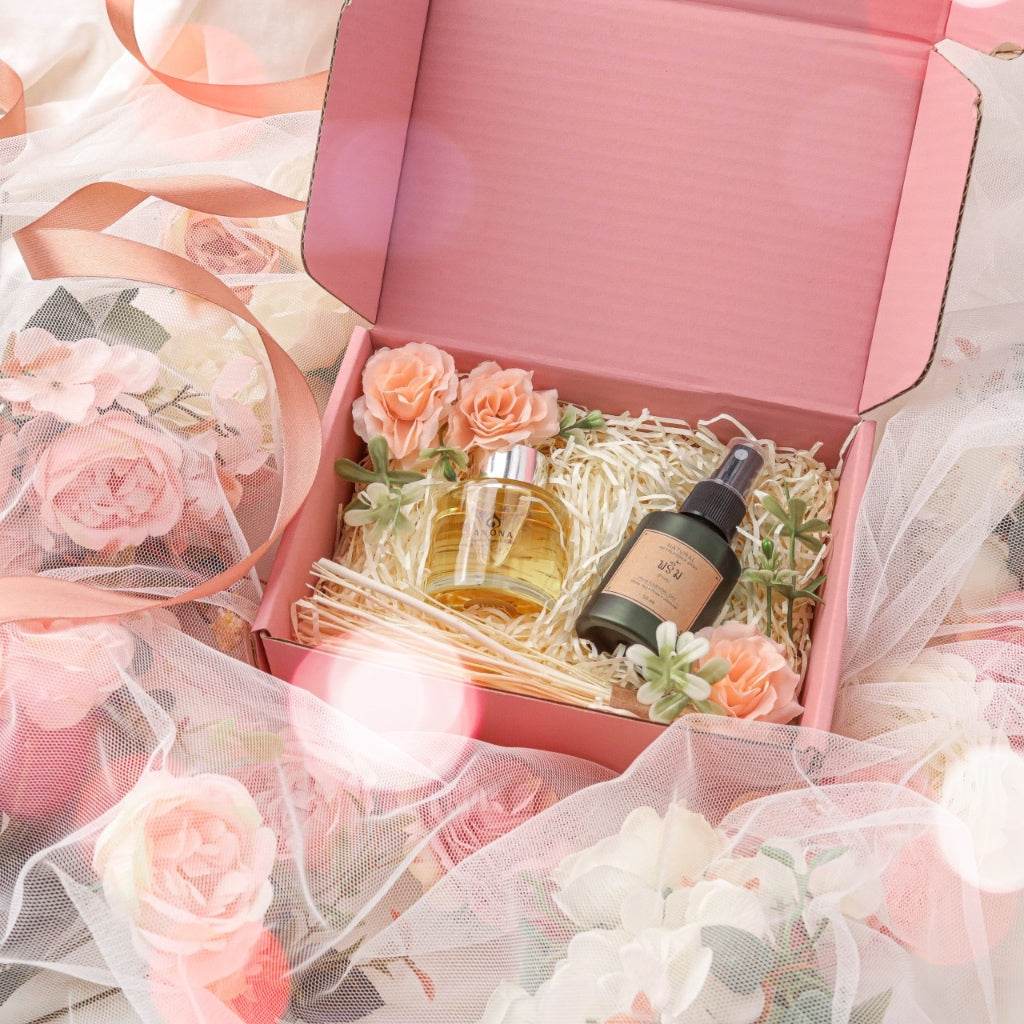 One-Sake.com wedding aromatherapy gift set with floral accents in a pink gift box
