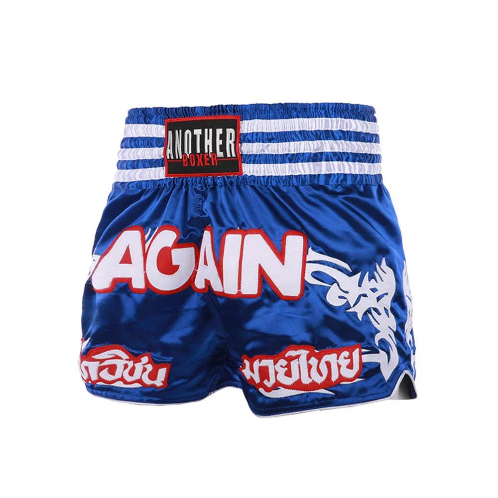 Thai Blessing Co blue satin Muay Thai boxing shorts with AGAIN logo white tribal design and striped waistband