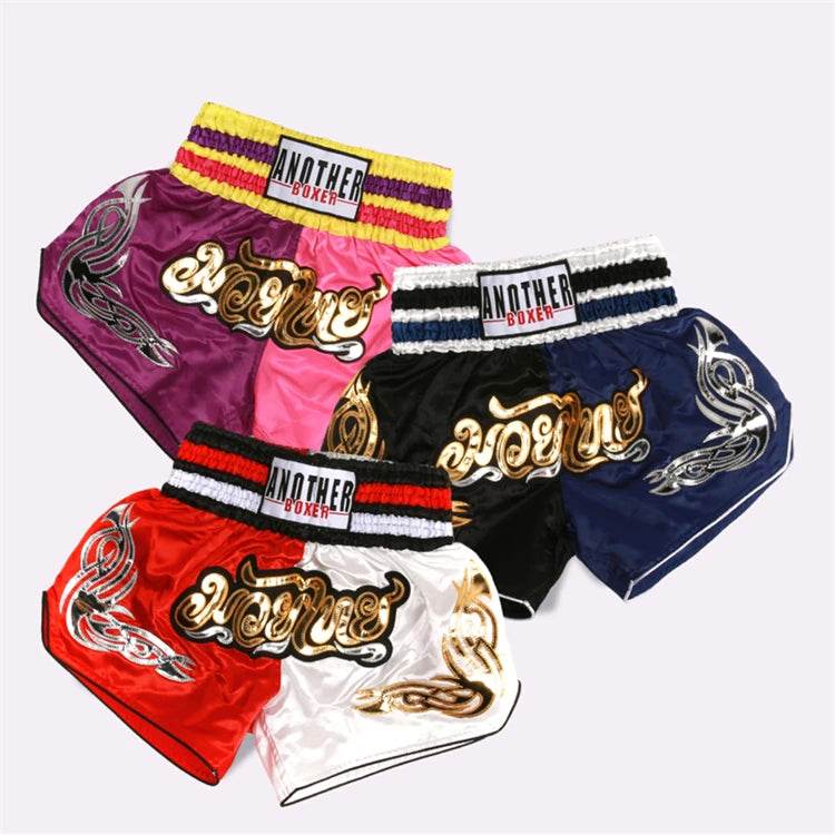 Muay Thai boxing shorts set by Thai Blessing Co in multiple colors with gold script and elastic waistbands