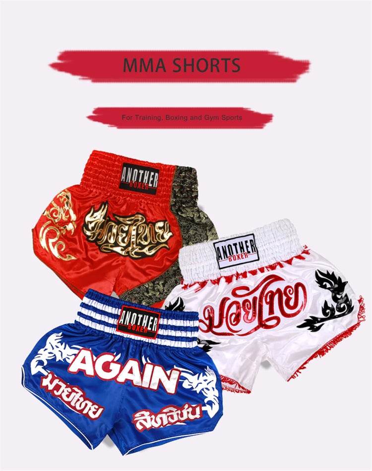 Three colorful Muay Thai boxing shorts in red white and blue with ornate Thai script and elastic waist