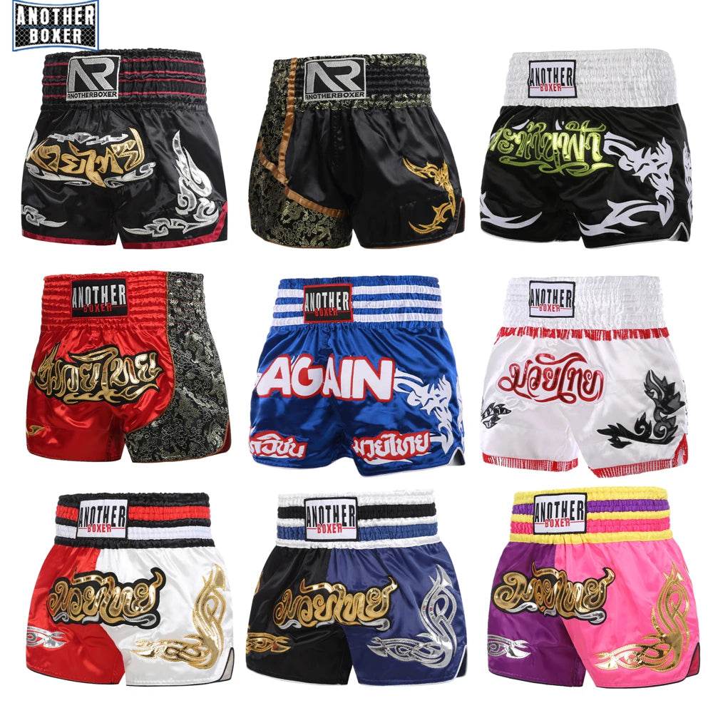 Thai Blessing Co Muay Thai boxing shorts assortment of nine colorful shorts with Thai script and tribal designs