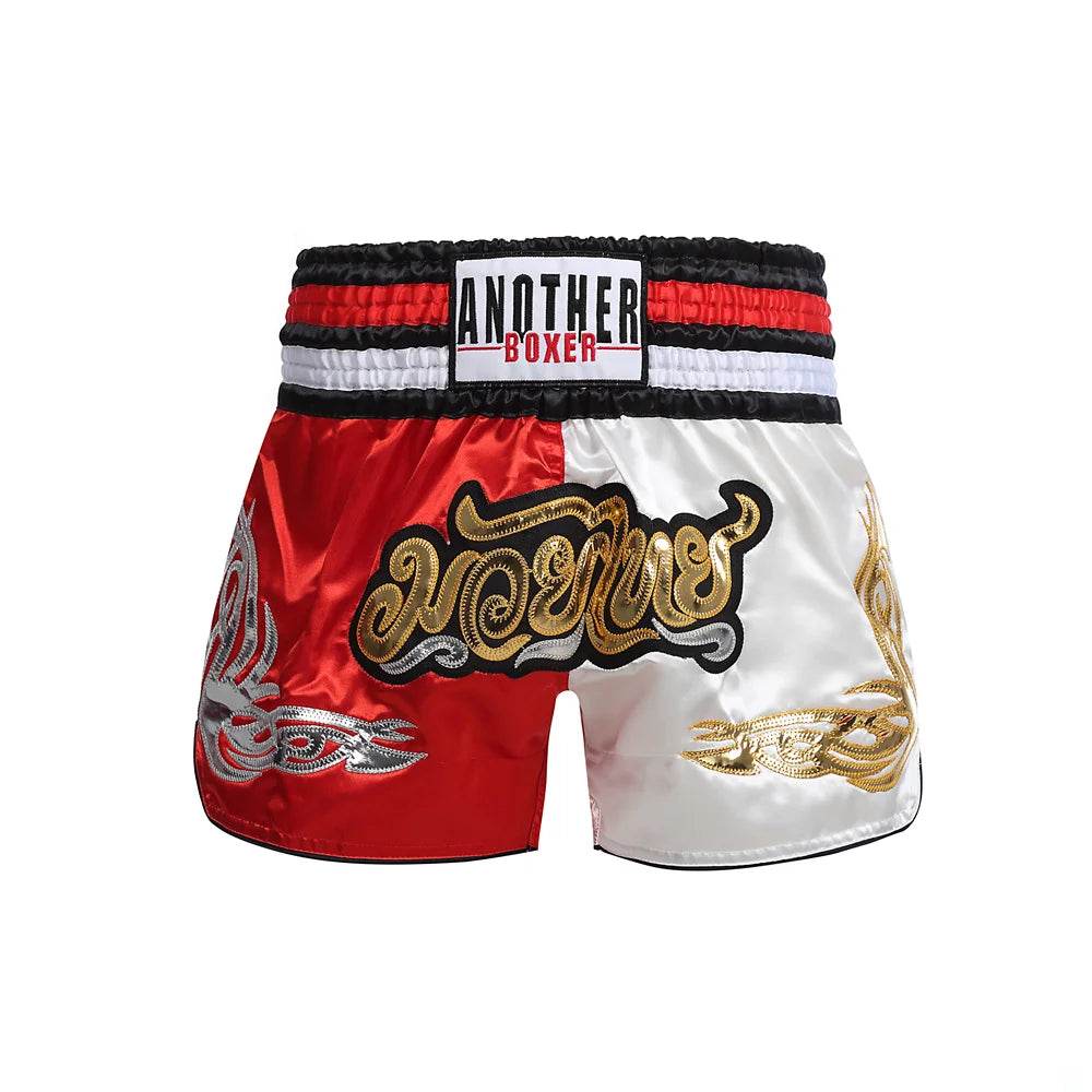 Muay Thai boxing shorts red and white satin with black striped waistband and gold silver embroidery