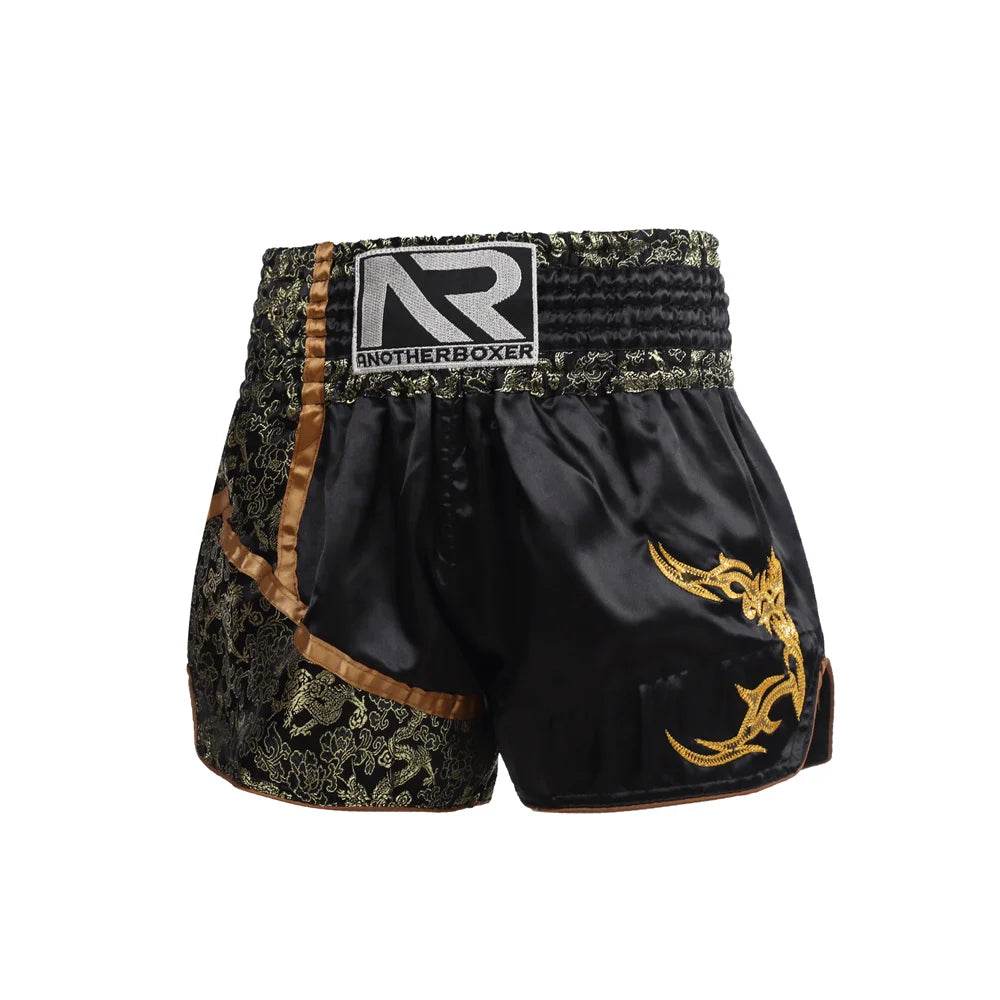 Muay Thai boxing shorts unisex black satin shorts with gold dragon embroidery and wide elastic waistband