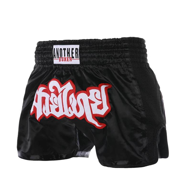Black satin Muay Thai boxing shorts unisex with red white Thai script elastic waistband side slits