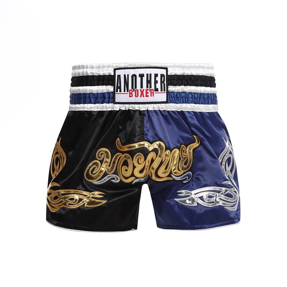 Thai Blessing Co Muay Thai boxing shorts unisex black and blue satin with gold silver embroidery and wide elastic waist
