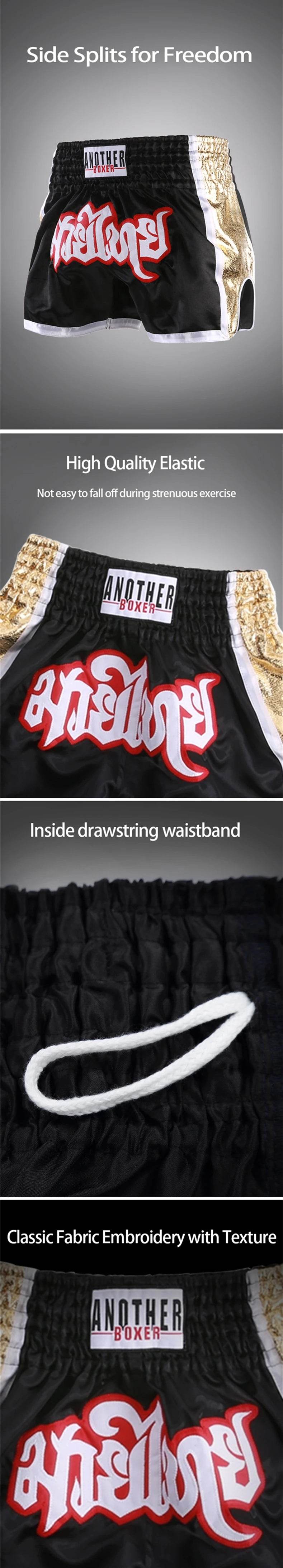 Black silk Muay Thai boxing shorts unisex with gold side panels red Thai script embroidery elastic drawstring waist