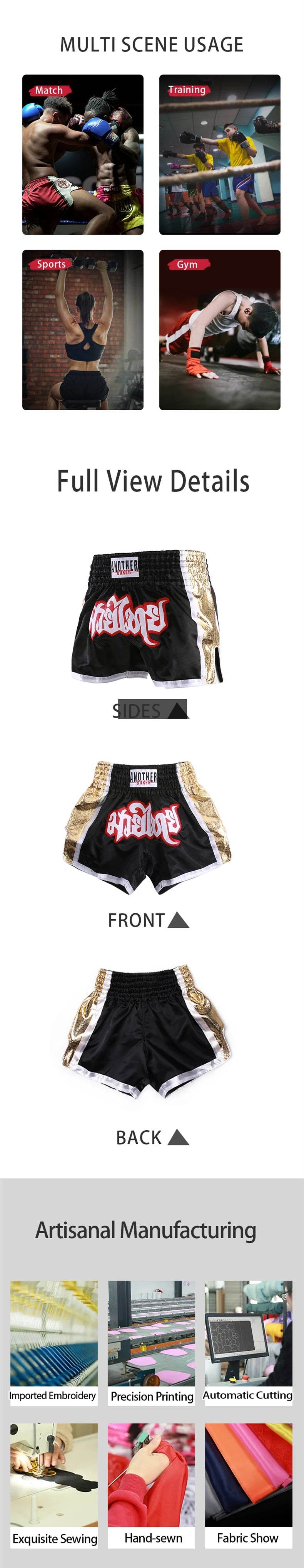 Muay Thai boxing shorts unisex black and gold with red Thai script showing front and back views