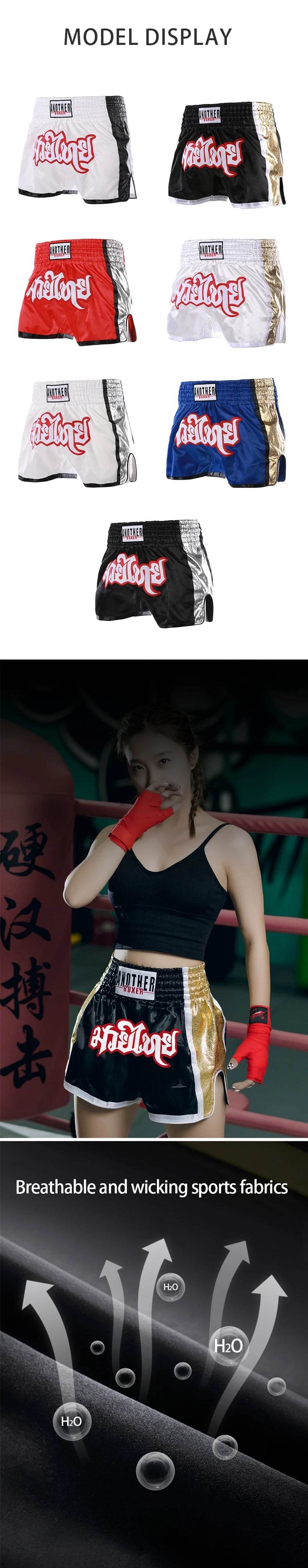 Muay Thai boxing shorts unisex shown in multiple color options and on a model black gold pair breathable wicking fabric