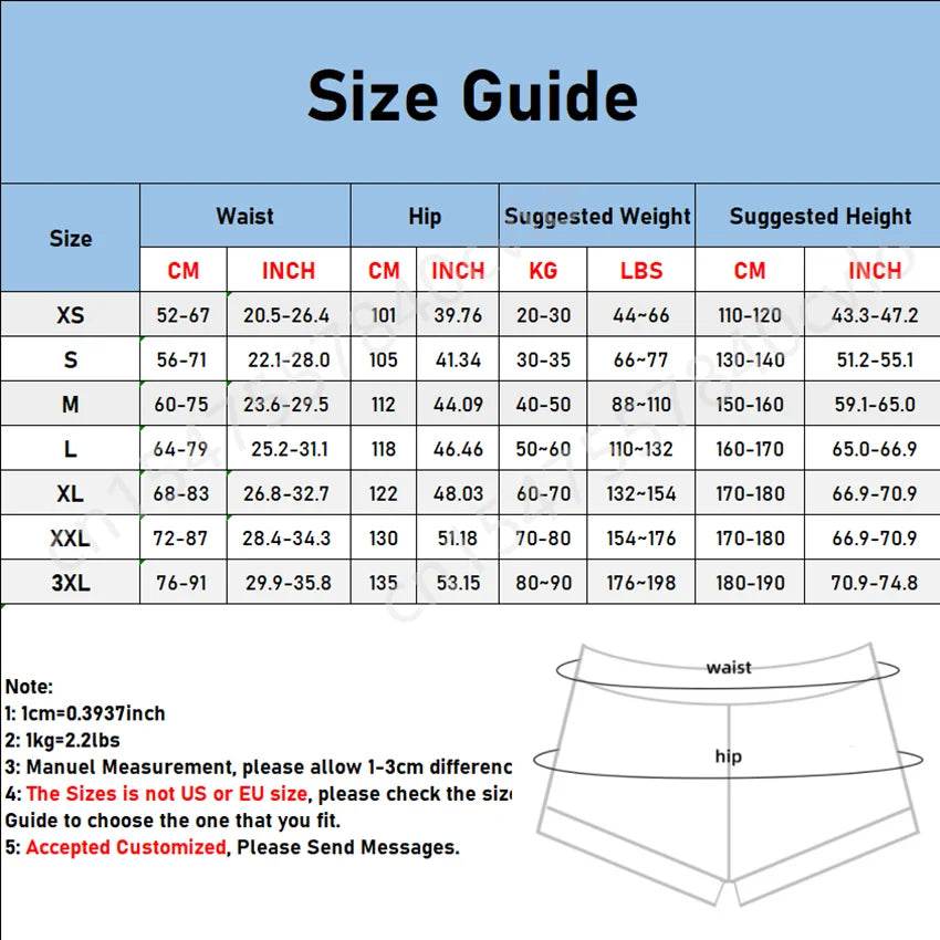 Muay Thai boxing shorts unisex size guide chart showing waist hip suggested weight and height by Thai Blessing Co