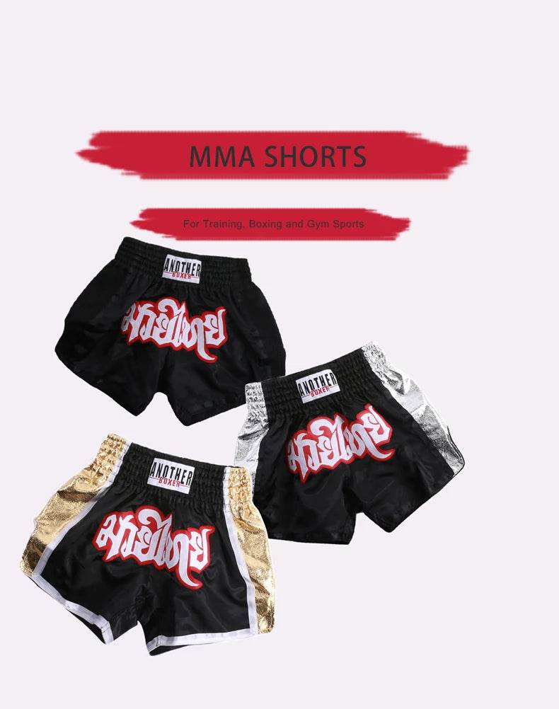 Muay Thai boxing shorts unisex black set with gold and silver trim and red Thai script for training