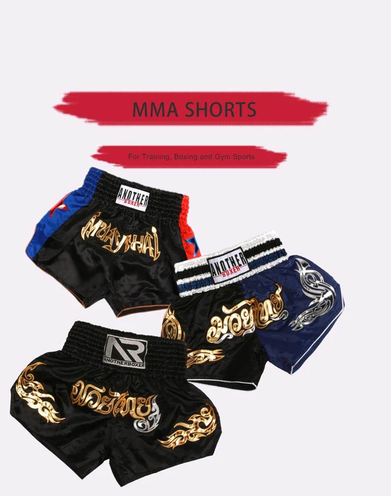 Muay Thai boxing shorts unisex set of three embroidered black and blue Thai style shorts for training