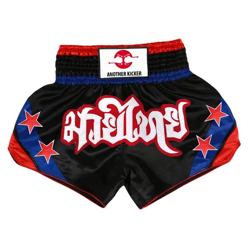Black satin trunks with red and blue stars and white Thai script satin kickboxing trunks for men and women