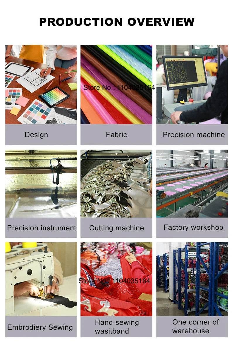 Production collage showing design fabric cutting sewing and warehouse for satin kickboxing trunks for men and women