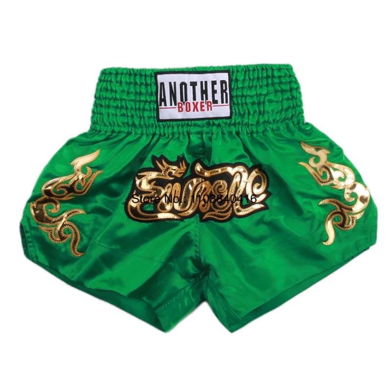 Green satin Muay Thai shorts with gold embroidery and elastic waistband satin kickboxing trunks for men and women