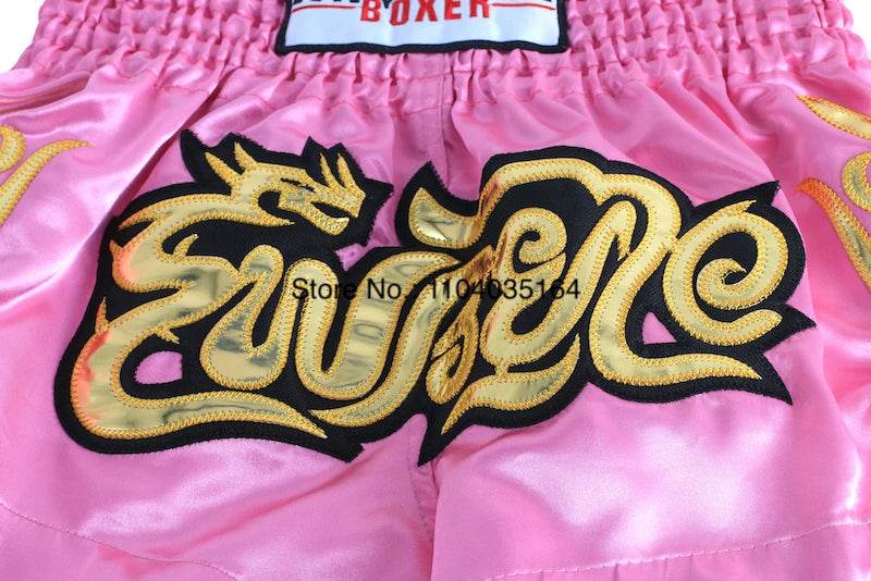 satin kickboxing trunks for men and women pink Thai style shorts with gold dragon embroidery and elastic waistband