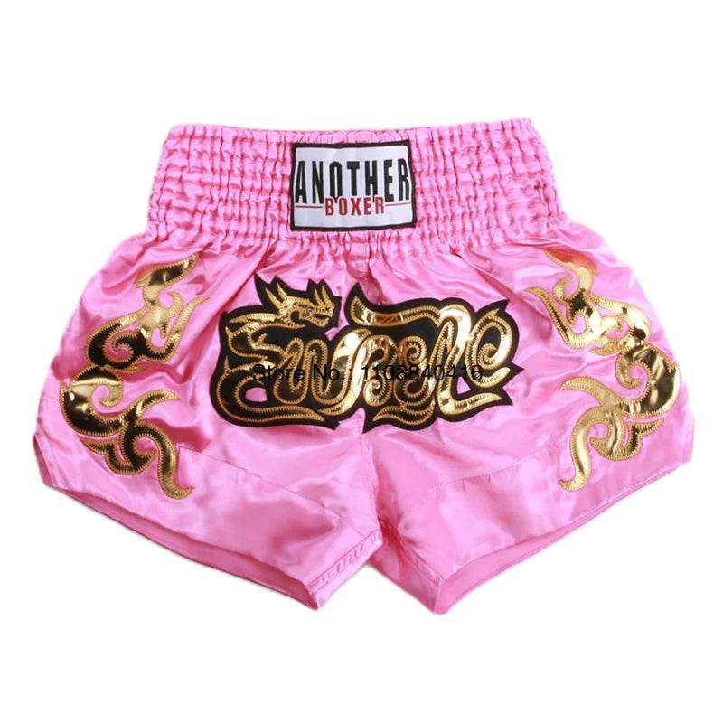 satin kickboxing trunks for men and women pink satin Muay Thai shorts with gold embroidery