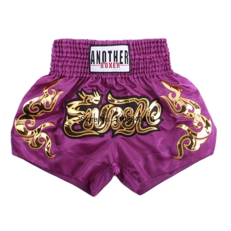 Purple satin kickboxing trunks for men and women with gold dragon embroidery and high elastic waistband
