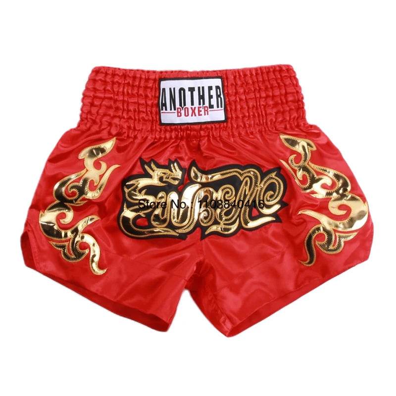 Red satin kickboxing trunks for men and women with gold flame embroidery and wide elastic waistband