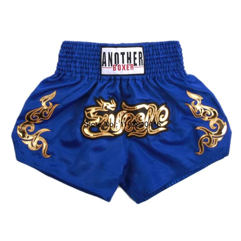 Blue satin kickboxing trunks with gold Thai embroidery and elastic high waist satin kickboxing trunks for men and women