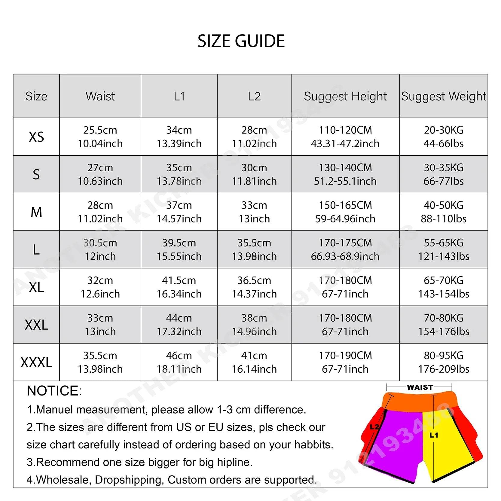 Size guide chart from Thai Blessing Co showing measurements and dimensions for satin kickboxing trunks for men and women