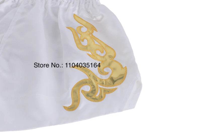 satin kickboxing trunks for men and women white satin shorts with gold flame embroidery elastic waistband