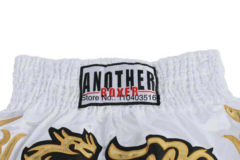 satin kickboxing trunks for men and women white shorts with gold dragon embroidery and elastic waistband