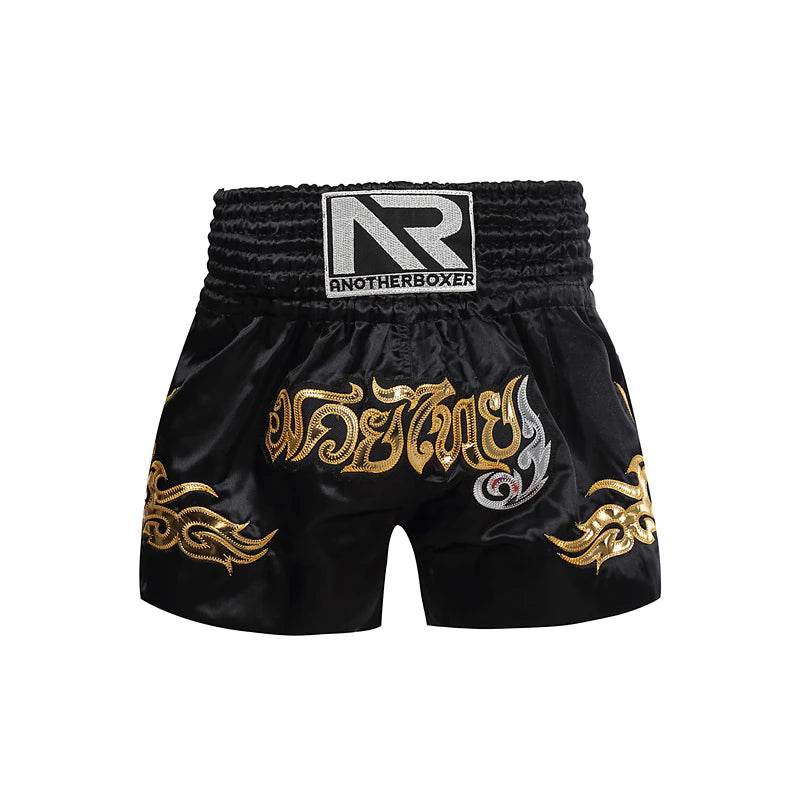 Muay Thai shorts unisex black satin shorts with gold Thai script and flame embroidery wide waistband