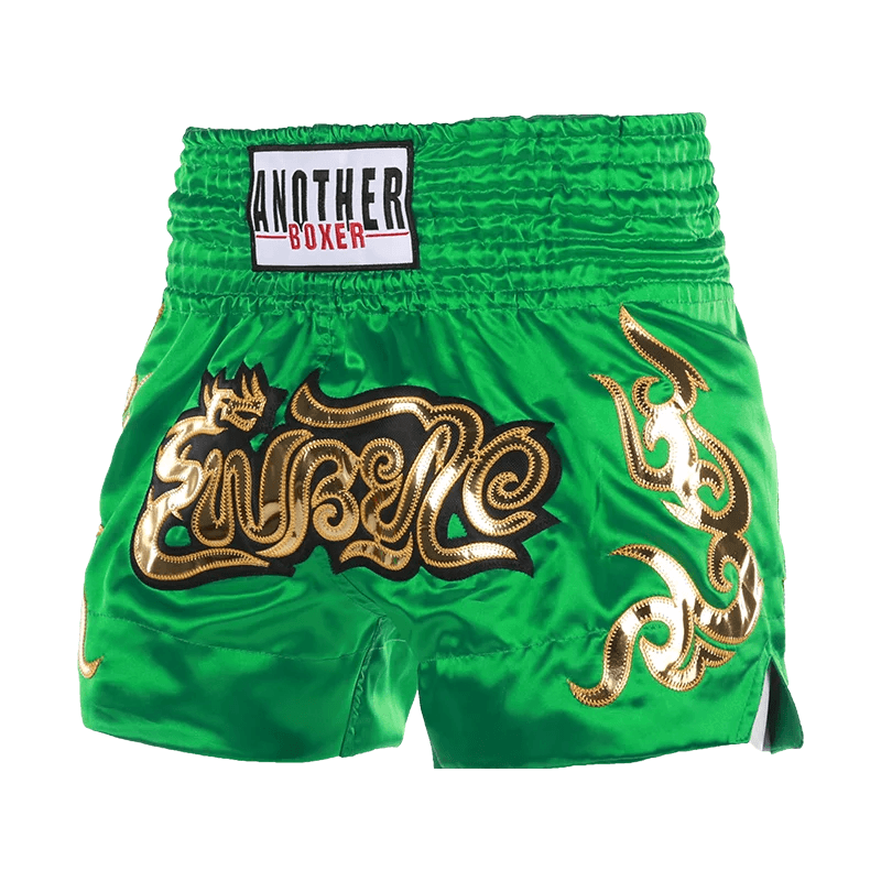 Green satin Muay Thai shorts unisex with gold embroidered Thai script and elastic waistband patch