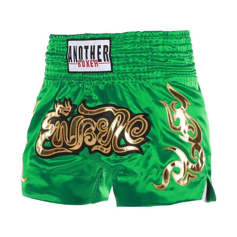 ANOTHERBOXER Muay Thai Shorts Unisex Satin – Embroidered Kickboxing Training Pants for Men, Women & Kids S4Green