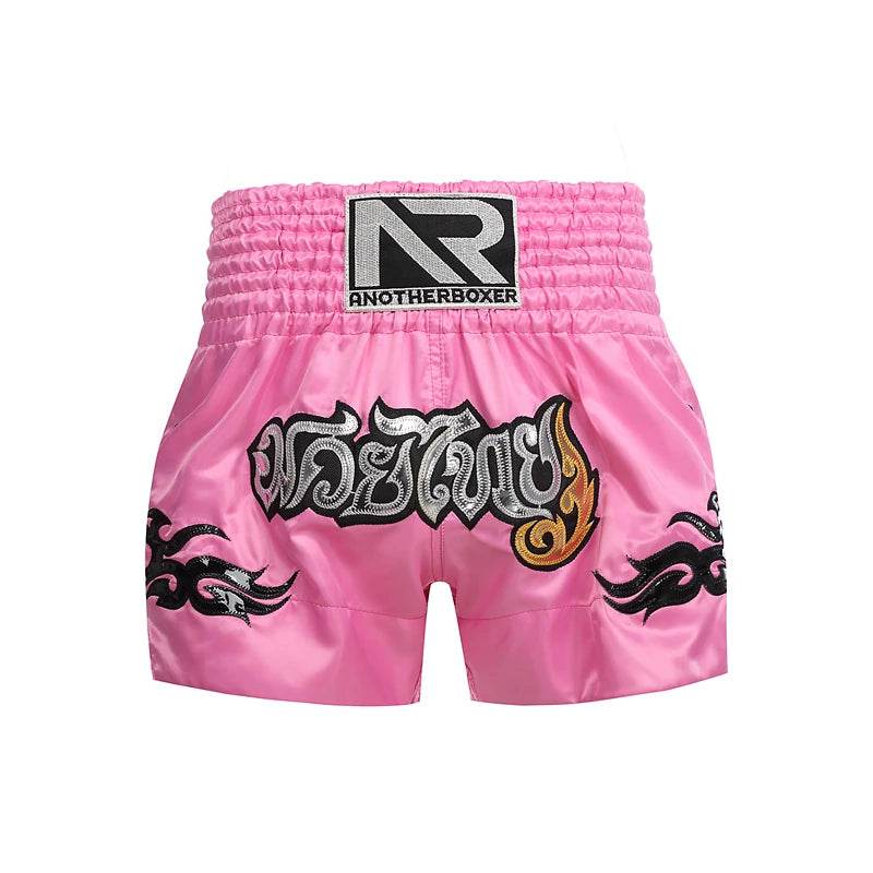 Pink Muay Thai shorts unisex with embroidered Thai script and black flame trim elastic waistband for training