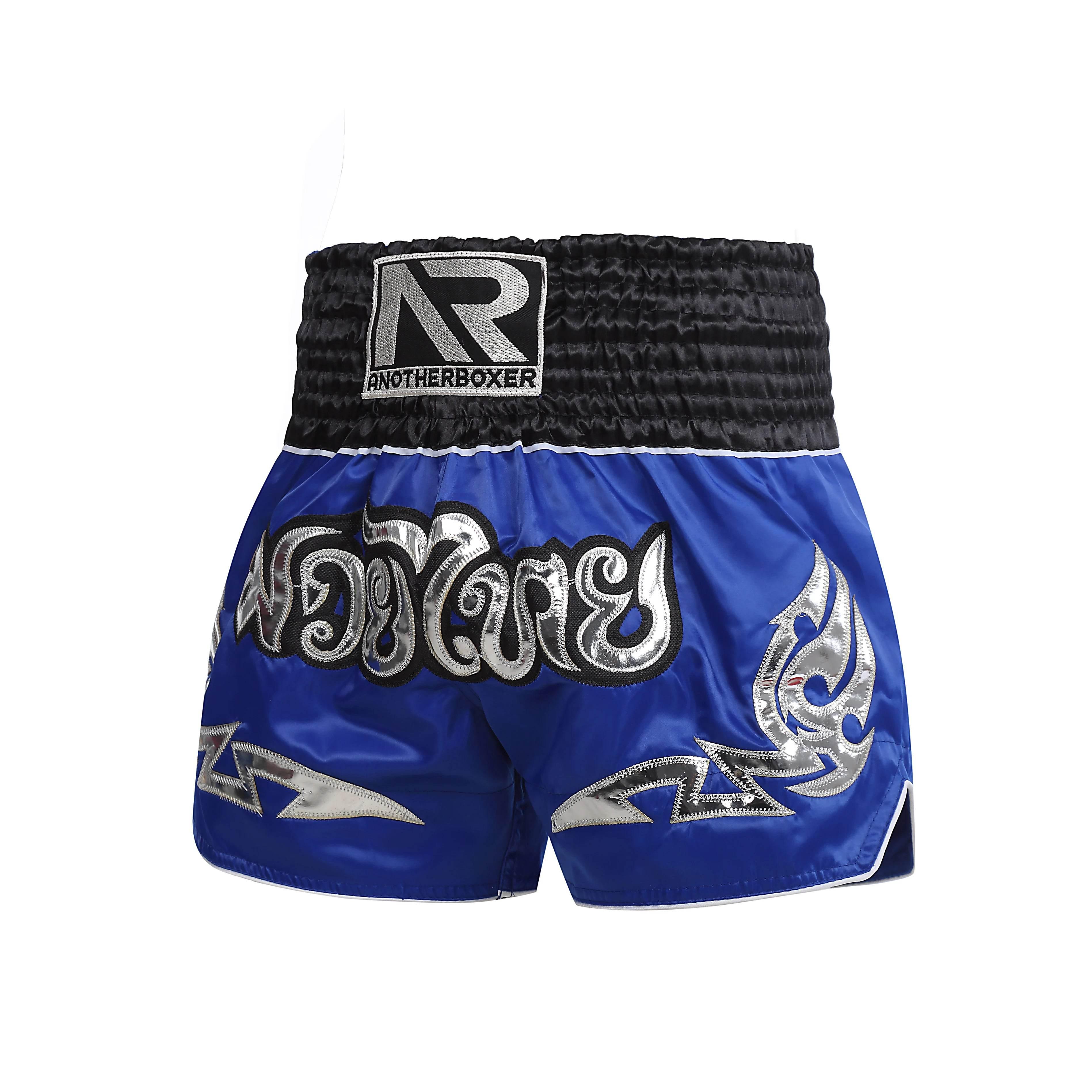ANOTHERBOXER Muay Thai Shorts Unisex Satin – Embroidered Kickboxing Training Pants for Men, Women & Kids S8Blue