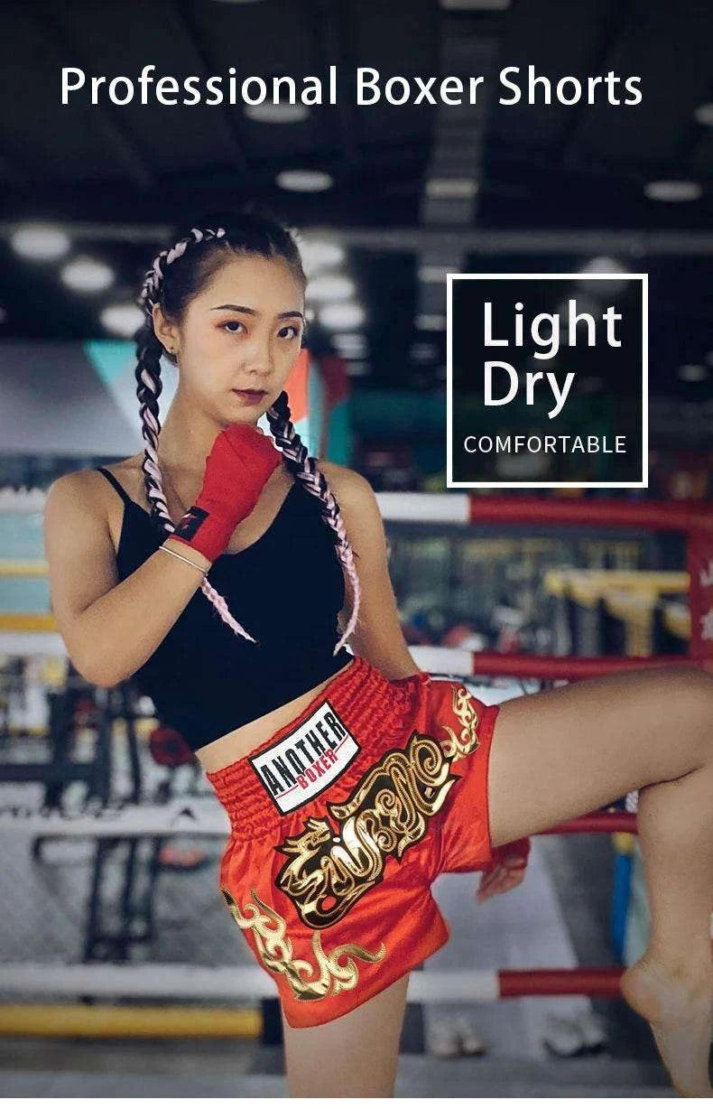 ANOTHERBOXER Muay Thai Shorts Unisex Satin – Embroidered Kickboxing Training Pants for Men, Women & Kids