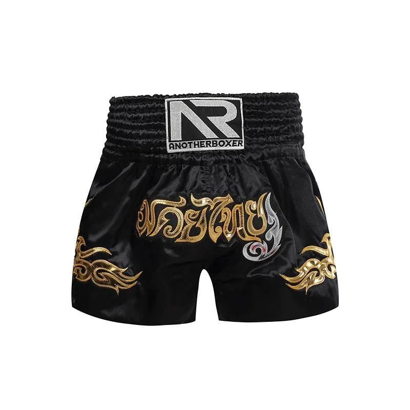 ANOTHERBOXER Muay Thai Shorts Unisex Satin – Embroidered Kickboxing Training Pants for Men, Women & Kids S5Black