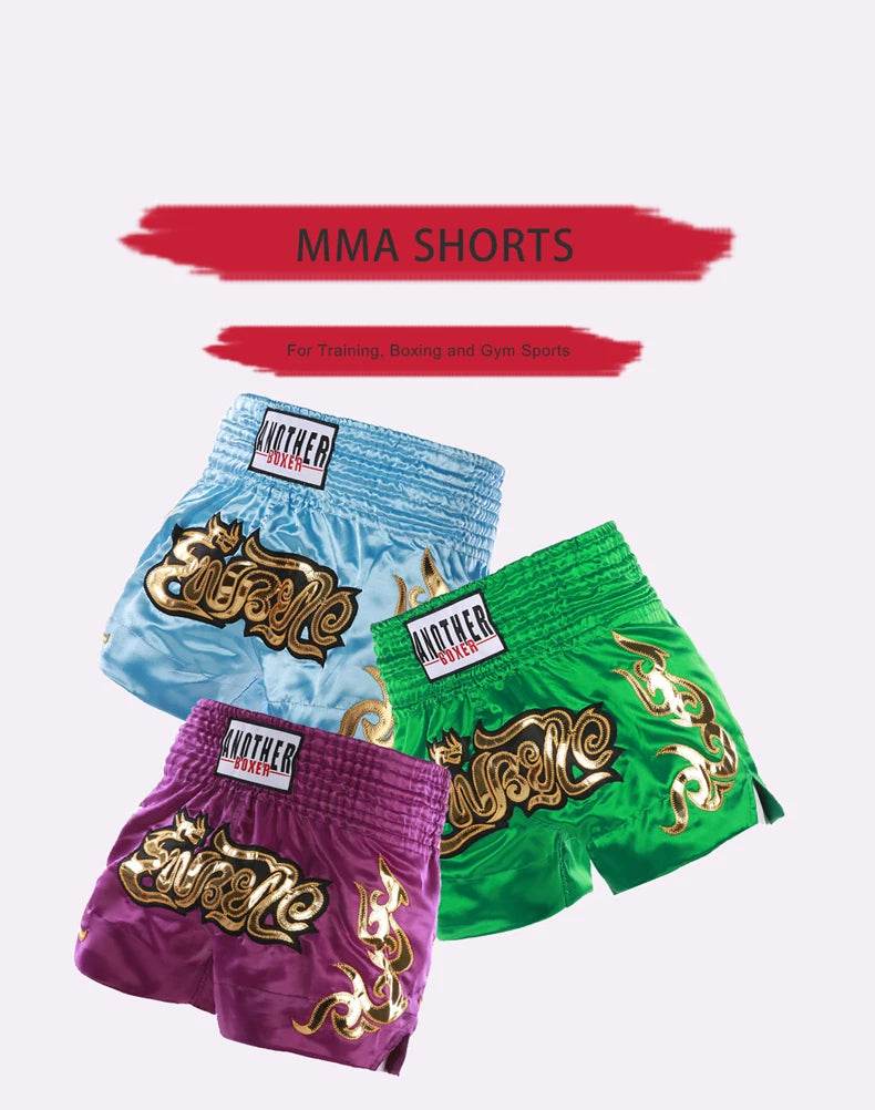 Muay Thai shorts unisex three colorful satin training shorts in blue green and purple with gold Thai script