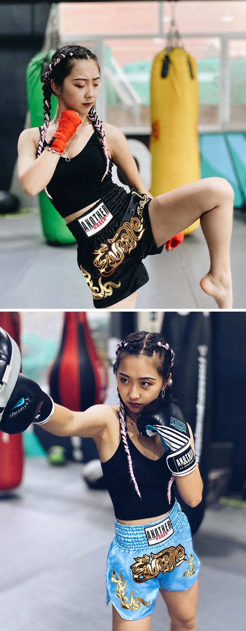 Muay Thai shorts unisex by Thai Blessing Co modeled by female athlete in black and blue shorts with gold embroidery