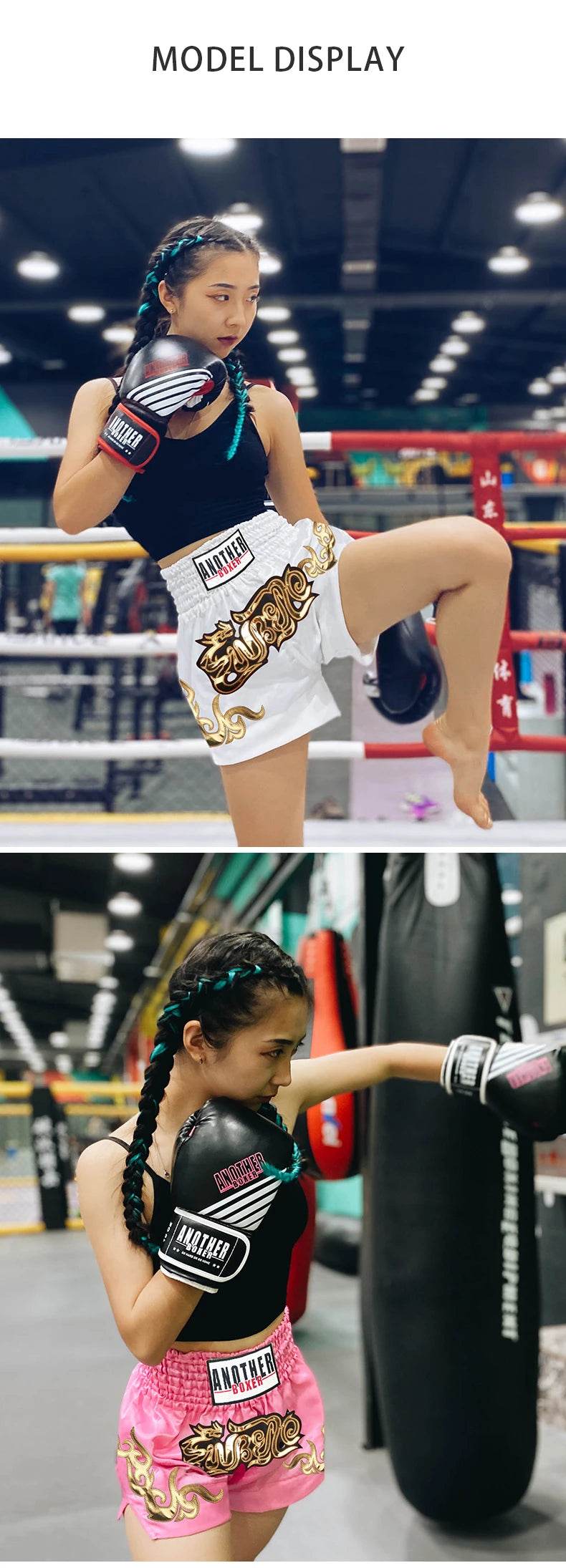 Muay Thai shorts unisex white and pink with gold embroidery worn by female fighter training in ring and on heavy bag