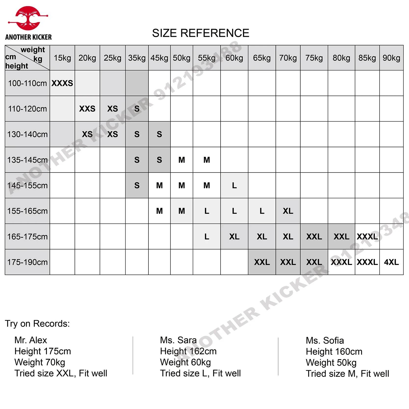 Size reference chart for Muay Thai shorts Thailand showing height weight grid and try on records for fittings
