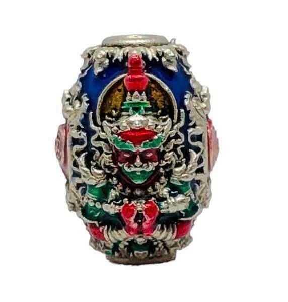 Authentic Buddhist Blessing Talisman Bead Phaya Wessuwan for Protection and Prosperity Silver plated with enamel