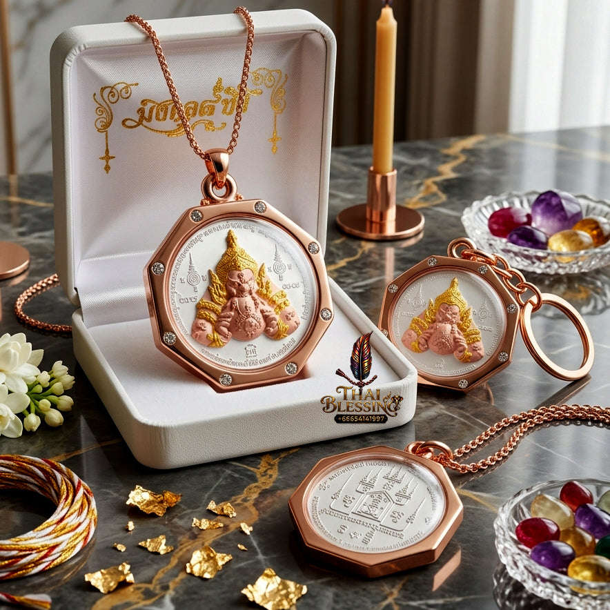 ✨ Authentic Phra Rahu "Powerful Manifestation" Edition – Stunning 3K-Plated Bronze with Pink Gold Frame, Phra-Achan Lek, Wat Tham Khao Noi 2016 – The Ultimate Wealth & Prosperity Talisman Thai Blessing Co By RURUECHA
