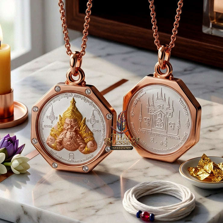 ✨ Authentic Phra Rahu "Powerful Manifestation" Edition – Stunning 3K-Plated Bronze with Pink Gold Frame, Phra-Achan Lek, Wat Tham Khao Noi 2016 – The Ultimate Wealth & Prosperity Talisman Thai Blessing Co By RURUECHA