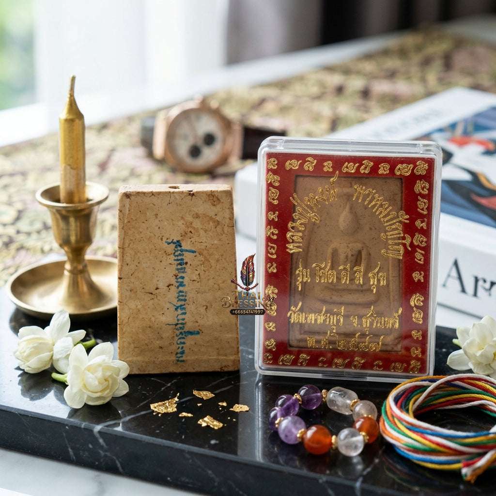 Authentic Phra Somdej Chok Dee Mee Suk Good Luck Happiness Amulet 2547 - Sacred Buddha Powder Wealth Luck Protection Talisman by Luang Pu Hong, Wat Phetchaburi Thai Blessing Co By RURUECHA