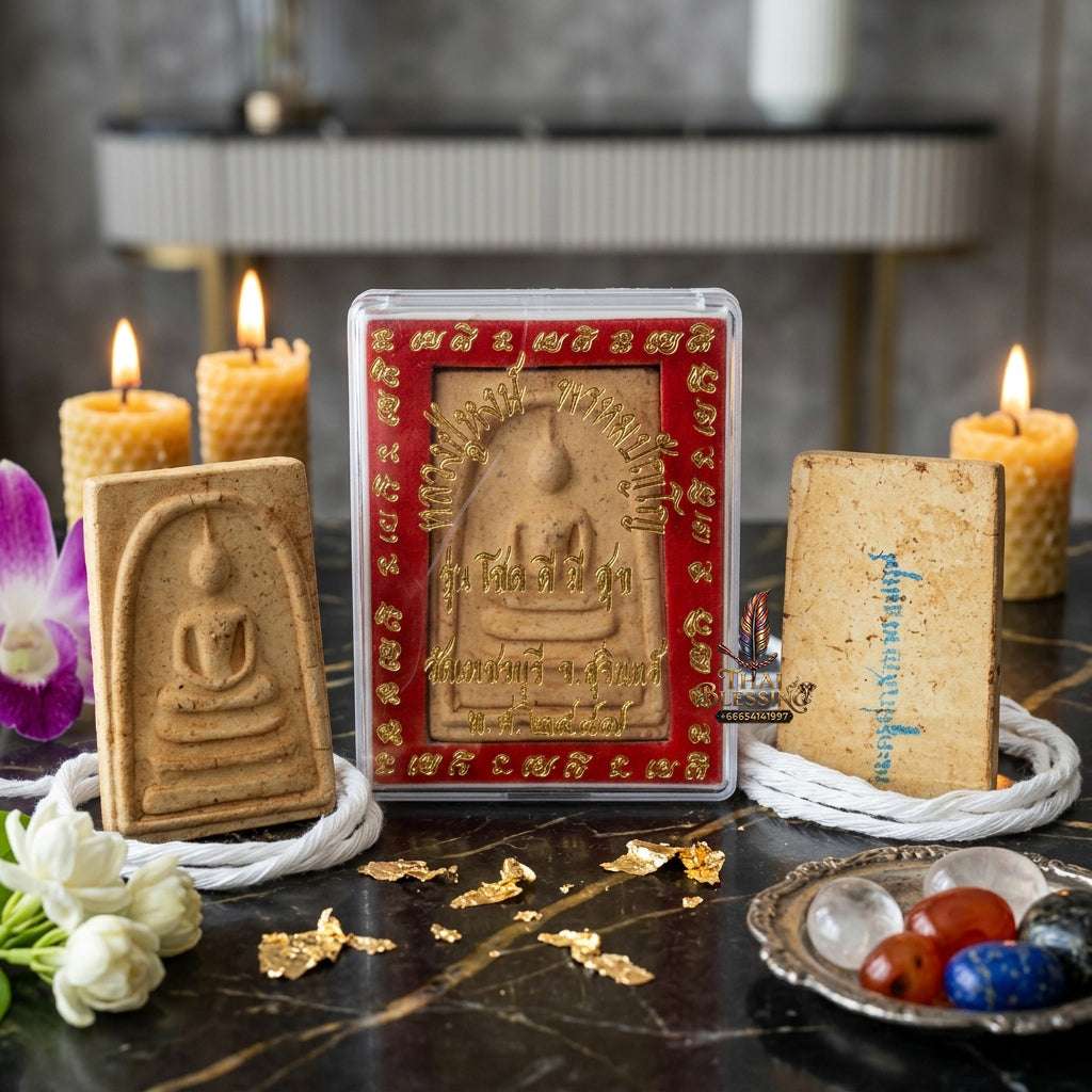 Authentic Phra Somdej Chok Dee Mee Suk Good Luck Happiness Amulet 2547 - Sacred Buddha Powder Wealth Luck Protection Talisman by Luang Pu Hong, Wat Phetchaburi Thai Blessing Co By RURUECHA