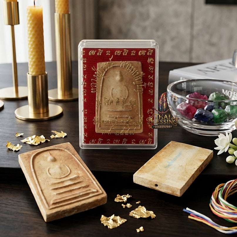 Authentic Phra Somdej Chok Dee Mee Suk Good Luck Happiness Amulet 2547 - Sacred Buddha Powder Wealth Luck Protection Talisman by Luang Pu Hong, Wat Phetchaburi Thai Blessing Co By RURUECHA
